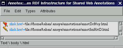 Screenshot of the Amaya Links view showing an orphan annotation and a  normal one.