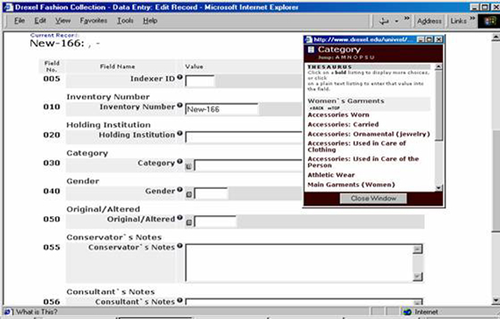 screenshot of online thesaurus and data entry form