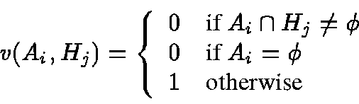 \begin{displaymath}v({A}_i, {H}_j) = \left\{
\begin{array}{ll}
0 & \mbox{if } ...
...}_i = \phi \\
1 & \mbox{otherwise } \\
\end{array} \right.
\end{displaymath}