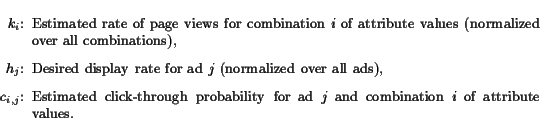 \newlength{\listlengtha}\settowidth{\listlengtha}{$c_{i,j}$:}\begin{list}{}{ \ad... ...gh probability for ad $j$\ and combination $i$\ of attribute values. \end{list}