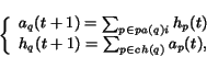 \begin{displaymath}
\left\{
\begin{array}{l}
a_q(t+1) = \sum_{p \in pa(q) i} ...
...\
h_q(t+1) = \sum_{p \in ch(q)} a_p(t),
\end{array} \right.
\end{displaymath}
