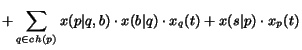 $\displaystyle + \sum_{q\in ch(p)} x(p\vert q,b) \cdot x(b\vert q) \cdot x_{q}(t) +
x(s\vert p) \cdot x_{p}(t)$