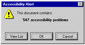 A screenshot of a dialog warning that a document contains 547 accessibility problems