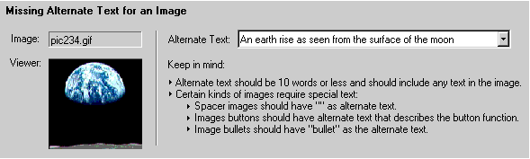 A screenshot of a tool for adding alt-text. It includes the name of the file, a preview of the image, a place to enter the text or select a previous ly used text string and some rules of thumb to keep in mind.