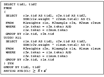 \fbox{ \begin{scriptsize} \begin{minipage}{2.7in} \begin{tabbing} {\tt SELEC... ...G AVG(Ci) $\geq$ $S*\phi'$} \end{tabbing} \end{minipage} \end{scriptsize} }