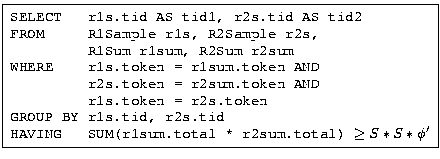 \fbox{ \begin{minipage}{2.5in} \begin{tabbing} {\tt SELECT   r1s.tid AS tid1,... ...M(r1sum.total * r2sum.total) $\geq S*S*\phi'$} \end{tabbing} \end{minipage} }