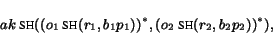 \begin{displaymath} ak \mbox{\sc sh}((o_1 \mbox{\sc sh}(r_1,b_1p_1))^*, (o_2 \mbox{\sc sh}(r_2,b_2p_2))^*), \end{displaymath}