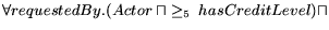 $\displaystyle \forall requestedBy.(Actor \ \sqcap \geq_{5} \ \textstyle{hasCreditLevel}) \sqcap$