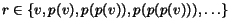 $ r \in \{v, p(v), p(p(v)), p(p(p(v))), \ldots \}$