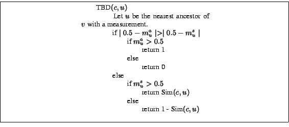 \framebox{\centerline{ \begin{minipage}{0.45\textwidth} \hspace*{2em}{TBD}$(c,u)... ...*{6em} else \ \hspace*{8em} return 1 - \textrm{Sim}$(c,u)$\ \end{minipage}}}