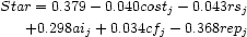 \begin{equation}
\begin{split}
Star = 0.379 - 0.040 cost_j - 0.043 rs_j \\
+ 0.298 ai_j + 0.034 cf_j - 0.368 rep_j
\end{split}
\end{equation}