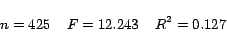 \begin{displaymath}
n=425 \;\;\;\; F = 12.243 \;\;\;\; R^2 = 0.127
\end{displaymath}