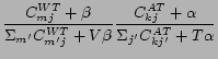 $\displaystyle {{C_{mj}^{WT}+\beta}\over{\Sigma_{m'}C_{m'j}^{WT}+V\beta}}{{C_{kj}^{AT}+\alpha}\over{\Sigma_{j'}C_{kj'}^{AT}+T\alpha}}$