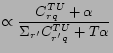 $\displaystyle \propto {{C_{rq}^{TU}+\alpha}\over{\Sigma_{r'}C_{r'q}^{TU}+T\alpha}}$