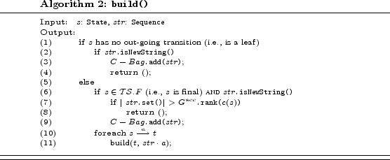 \begin{algorithm} % latex2html id marker 593\caption{\texttt{build()}} \hrule\... ...\algend \end{algtab}\end{scriptsize}\hrule\smallskip\hrule\hrule \end{algorithm}