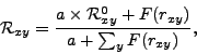 \begin{displaymath}\begin{small}{{\mathcal{R}}_{xy}} = \frac{a \times {{\mathcal{R}}^{0}_{xy}} + F(r_{xy})}{a + \sum_{y}{F(r_{xy})} },\end{small}\end{displaymath}