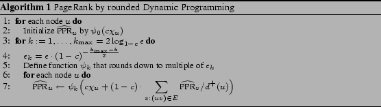 \begin{algorithm} % latex2html id marker 1010 [t] \small \caption{PageRank by ... ...\mbox{PPR}}_v/d^+ (u)\Big) $ \ENDFOR \ENDFOR \end{algorithmic}\end{algorithm}