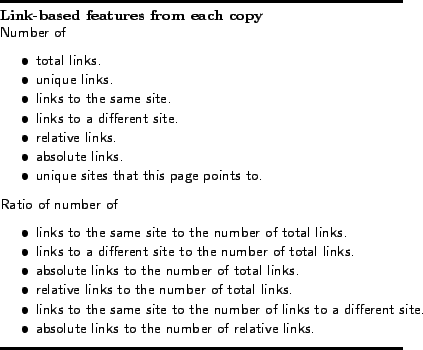 \begin{figure}{\sf { \rule{3.5in}{0.5mm}\ {\bf Link-based features from each c... ...\end{itemize}\vspace{-.1in} \rule{3.5in}{0.5mm} } \vspace{-.2in} }\end{figure}