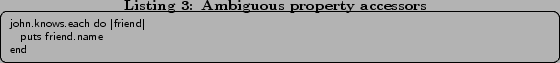 \begin{lstlisting}[caption=Ambiguous property accessors,label=lst:ambi] john.knows.each do \vert friend\vert puts friend.name end \end{lstlisting}