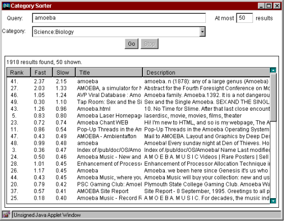 Category Sorter showing a query for AMOEBA